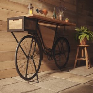 Endüstriyel Tasarım Siyah Bisiklet Konsol Dresuar - Retro ve Modern Dekoratif Masif Ahşap Sunum Masası - Görsel 6