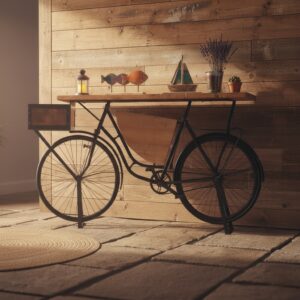 Endüstriyel Tasarım Siyah Bisiklet Konsol Dresuar - Retro ve Modern Dekoratif Masif Ahşap Sunum Masası - Görsel 1