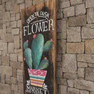 Flower Market_ Temalı Kaktüs Figürlü El Yapımı Masif Ahşap Duvar Panosu – Rustik Botanik Balkon ve Mutfak Dekoru - Görsel 7