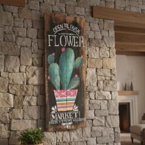 Flower Market_ Temalı Kaktüs Figürlü El Yapımı Masif Ahşap Duvar Panosu – Rustik Botanik Balkon ve Mutfak Dekoru - Görsel 4
