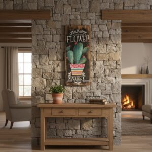 Flower Market_ Temalı Kaktüs Figürlü El Yapımı Masif Ahşap Duvar Panosu – Rustik Botanik Balkon ve Mutfak Dekoru - Görsel 5