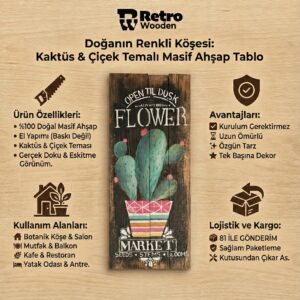 Flower Market_ Temalı Kaktüs Figürlü El Yapımı Masif Ahşap Duvar Panosu – Rustik Botanik Balkon ve Mutfak Dekoru - Görsel 2