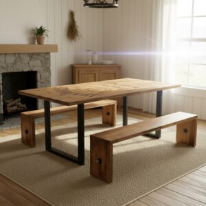 Loft Tarzı Masif Ahşap & Metal Yemek Masası Takımı - Görsel 3