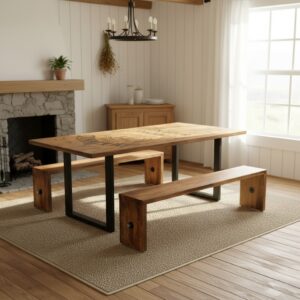 Loft Tarzı Masif Ahşap & Metal Yemek Masası Takımı - Görsel 1