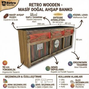 Masif Ahşap Özel Tasarım Banko – Işıklı, Logolu ve Çekmeceli Karşılama Masası - Görsel 2
