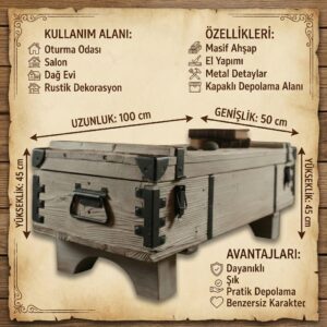 Masif Ahşap Rustik Sandık Orta Sehpa – Metal Detaylı Geniş Depolama Alanlı - Görsel 2