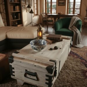 Masif Ahşap Rustik Sandık Orta Sehpa – Metal Detaylı Geniş Depolama Alanlı - Görsel 5