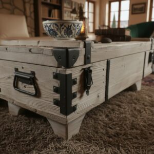 Masif Ahşap Rustik Sandık Orta Sehpa – Metal Detaylı Geniş Depolama Alanlı - Görsel 6