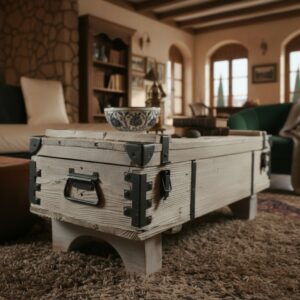 Masif Ahşap Rustik Sandık Orta Sehpa – Metal Detaylı Geniş Depolama Alanlı - Görsel 1