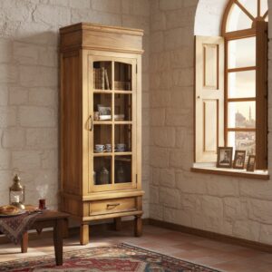 Masif Ahşap Rustik Vitrin – Cam Kapaklı ve Çekmeceli Gümüşlük - Görsel 3