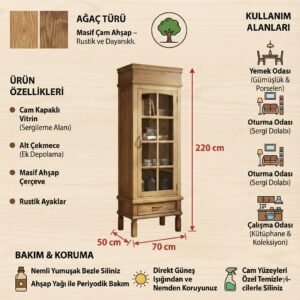 Masif Ahşap Rustik Vitrin – Cam Kapaklı ve Çekmeceli Gümüşlük - Görsel 2