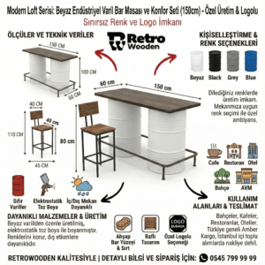 Modern Loft Serisi- Beyaz Endüstriyel Varil Bar Masası ve Konfor Seti - Görsel 2