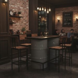 Modern Loft Serisi- Beyaz Endüstriyel Varil Bar Masası ve Konfor Seti - Görsel 3