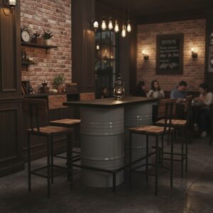 Modern Loft Serisi- Beyaz Endüstriyel Varil Bar Masası ve Konfor Seti - Görsel 4