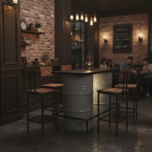 Modern Loft Serisi- Beyaz Endüstriyel Varil Bar Masası ve Konfor Seti - Görsel 5