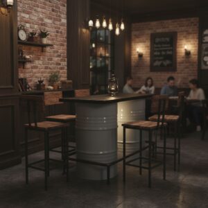 Modern Loft Serisi- Beyaz Endüstriyel Varil Bar Masası ve Konfor Seti - Görsel 6