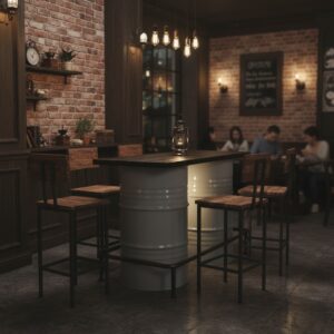 Modern Loft Serisi- Beyaz Endüstriyel Varil Bar Masası ve Konfor Seti - Görsel 1