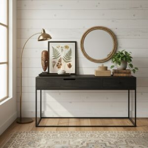 Modern Tasarım Çift Çekmeceli Dresuar- Koyu Masif Ahşap ve Siyah Metal Ayaklı Konsol - Görsel 5