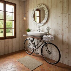 Retrowooden Bisiklet Tasarımlı Masif Ahşap Lavabo Ünitesi | Endüstriyel & Rustik Banyo Tezgahı - Görsel 7