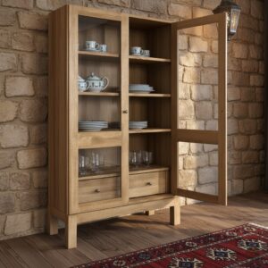 Retrowooden Masif İthal Çam Rustik Vitrin Dolap  Camlı ve Çekmeceli Hazır Kurulu Büfe - Görsel 3
