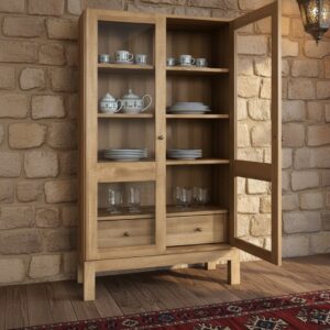 Retrowooden Masif İthal Çam Rustik Vitrin Dolap  Camlı ve Çekmeceli Hazır Kurulu Büfe - Görsel 4
