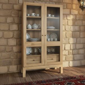 Retrowooden Masif İthal Çam Rustik Vitrin Dolap  Camlı ve Çekmeceli Hazır Kurulu Büfe - Görsel 1