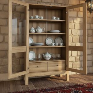 Retrowooden Masif İthal Çam Rustik Vitrin Dolap  Camlı ve Çekmeceli Hazır Kurulu Büfe - Görsel 6