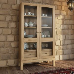 Retrowooden Masif İthal Çam Rustik Vitrin Dolap  Camlı ve Çekmeceli Hazır Kurulu Büfe - Görsel 7