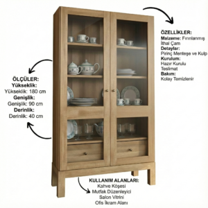 Retrowooden Masif İthal Çam Rustik Vitrin Dolap  Camlı ve Çekmeceli Hazır Kurulu Büfe - Görsel 2