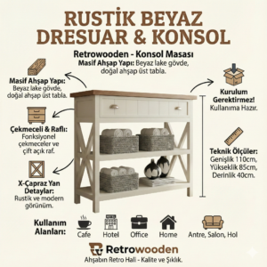 Rustik Beyaz Masif Ahşap Dresuar & Konsol - X-Çapraz Tasarım, Çekmeceli ve Raflı Hazır Mobilya - Görsel 2