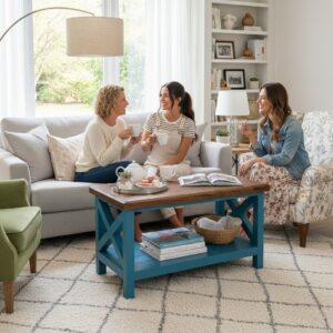 Rustik Farmhouse Orta Sehpa – Masif Ahşap Üst & Turkuaz Çapraz Ayaklı Raflı Tasarım Doğal Ahşap Salon Sehpası - Görsel 4