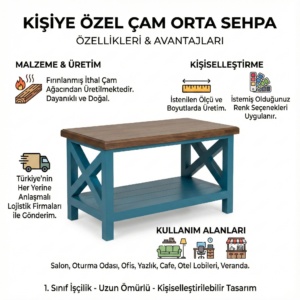 Rustik Farmhouse Orta Sehpa – Masif Ahşap Üst & Turkuaz Çapraz Ayaklı Raflı Tasarım Doğal Ahşap Salon Sehpası - Görsel 2