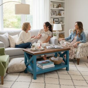 Rustik Farmhouse Orta Sehpa – Masif Ahşap Üst & Turkuaz Çapraz Ayaklı Raflı Tasarım Doğal Ahşap Salon Sehpası - Görsel 1