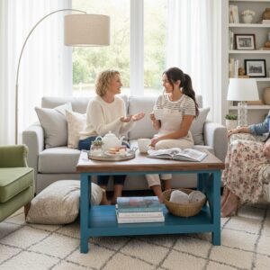 Rustik Farmhouse Orta Sehpa – Masif Ahşap Üst & Turkuaz Çapraz Ayaklı Raflı Tasarım Doğal Ahşap Salon Sehpası - Görsel 6