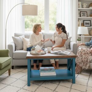 Rustik Farmhouse Orta Sehpa – Masif Ahşap Üst & Turkuaz Çapraz Ayaklı Raflı Tasarım Doğal Ahşap Salon Sehpası - Görsel 7