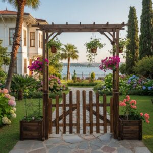 Rustik Masif Ahşap Bahçe Giriş Kapısı ve Çiçeklikli Dekoratif Bahçe Takı - Görsel 4