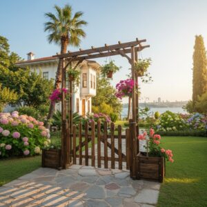 Rustik Masif Ahşap Bahçe Giriş Kapısı ve Çiçeklikli Dekoratif Bahçe Takı - Görsel 5