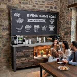 Rustik Masif Ahşap Kahve Barı ve Kara Tahta Seti - Görsel 1
