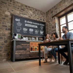 Rustik Masif Ahşap Kahve Barı ve Kara Tahta Seti - Görsel 5