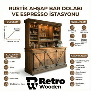 Rustik Masif Ahşap Kahve Köşesi ve Bar İstasyonu – Aydınlatmalı Farmhouse Mutfak Büfesi - Görsel 2