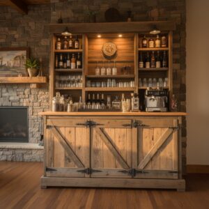 Rustik Masif Ahşap Kahve Köşesi ve Bar İstasyonu – Aydınlatmalı Farmhouse Mutfak Büfesi - Görsel 4