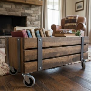 Rustik Masif Ahşap Tekerlekli Orta Sehpa - Endüstriyel Demir Detaylı Doğal Sandık Sehpa ve Depolama Ünitesi - Görsel 6