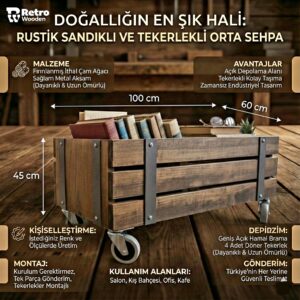 Rustik Masif Ahşap Tekerlekli Orta Sehpa - Endüstriyel Demir Detaylı Doğal Sandık Sehpa ve Depolama Ünitesi - Görsel 2