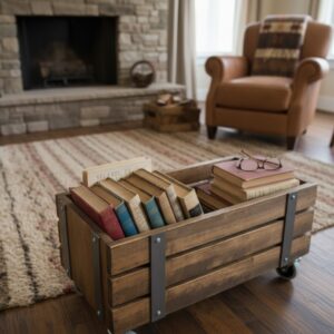 Rustik Masif Ahşap Tekerlekli Orta Sehpa - Endüstriyel Demir Detaylı Doğal Sandık Sehpa ve Depolama Ünitesi - Görsel 3