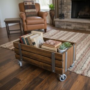 Rustik Masif Ahşap Tekerlekli Orta Sehpa - Endüstriyel Demir Detaylı Doğal Sandık Sehpa ve Depolama Ünitesi - Görsel 4