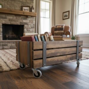 Rustik Masif Ahşap Tekerlekli Orta Sehpa - Endüstriyel Demir Detaylı Doğal Sandık Sehpa ve Depolama Ünitesi - Görsel 1