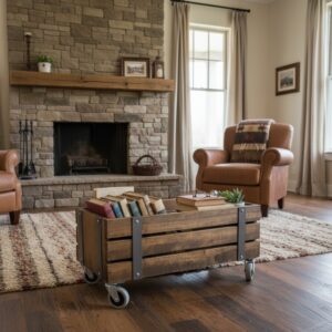 Rustik Masif Ahşap Tekerlekli Orta Sehpa - Endüstriyel Demir Detaylı Doğal Sandık Sehpa ve Depolama Ünitesi - Görsel 7