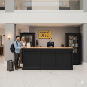 Siyah Panel Detaylı Masif Ahşap Karşılama Bankosu - Özel Tasarım Ofis & Mağaza Mobilyası - Görsel 1