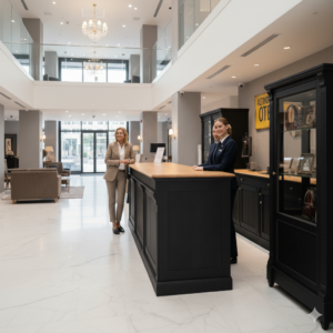 Siyah Panel Detaylı Masif Ahşap Karşılama Bankosu - Özel Tasarım Ofis & Mağaza Mobilyası - Görsel 7