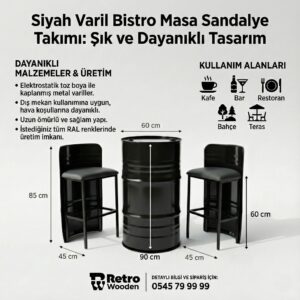 Siyah Varil Bistro Masa Sandalye Takımı – Logolu & Dış Mekan Uyumlu - Görsel 2